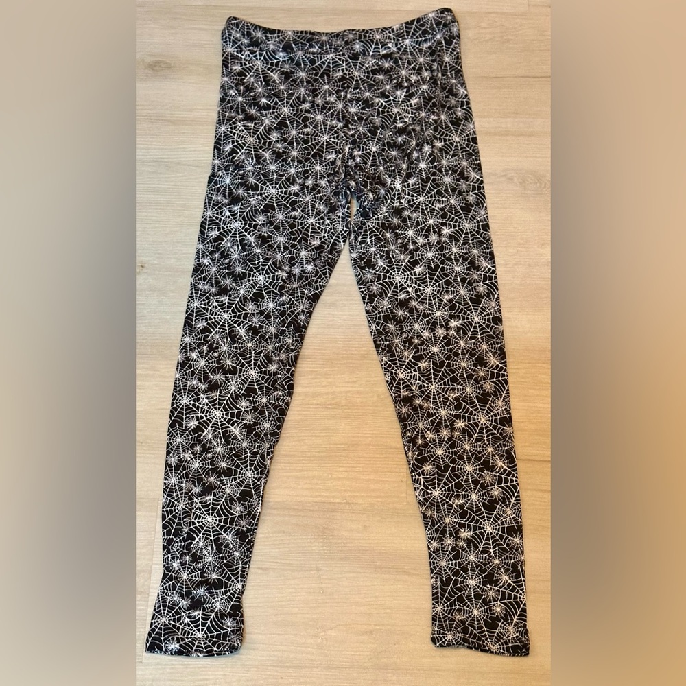 Ultra-Soft Halloween Leggings | Black with White Spider Webs | Size Medium